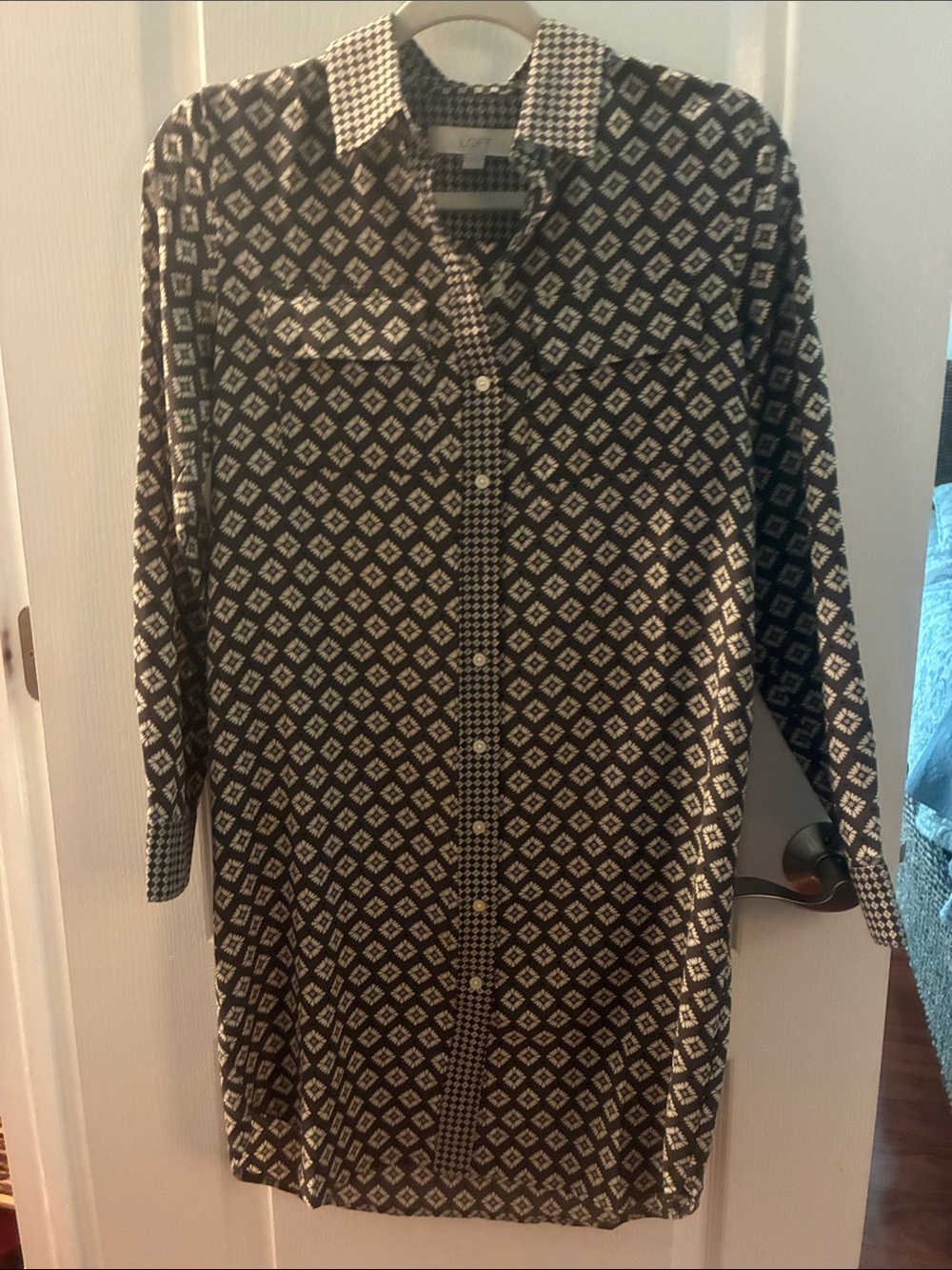 LOFT Black and Cream Geometric Long-Sleeve Shirt Dress - Picture 1 of 2
